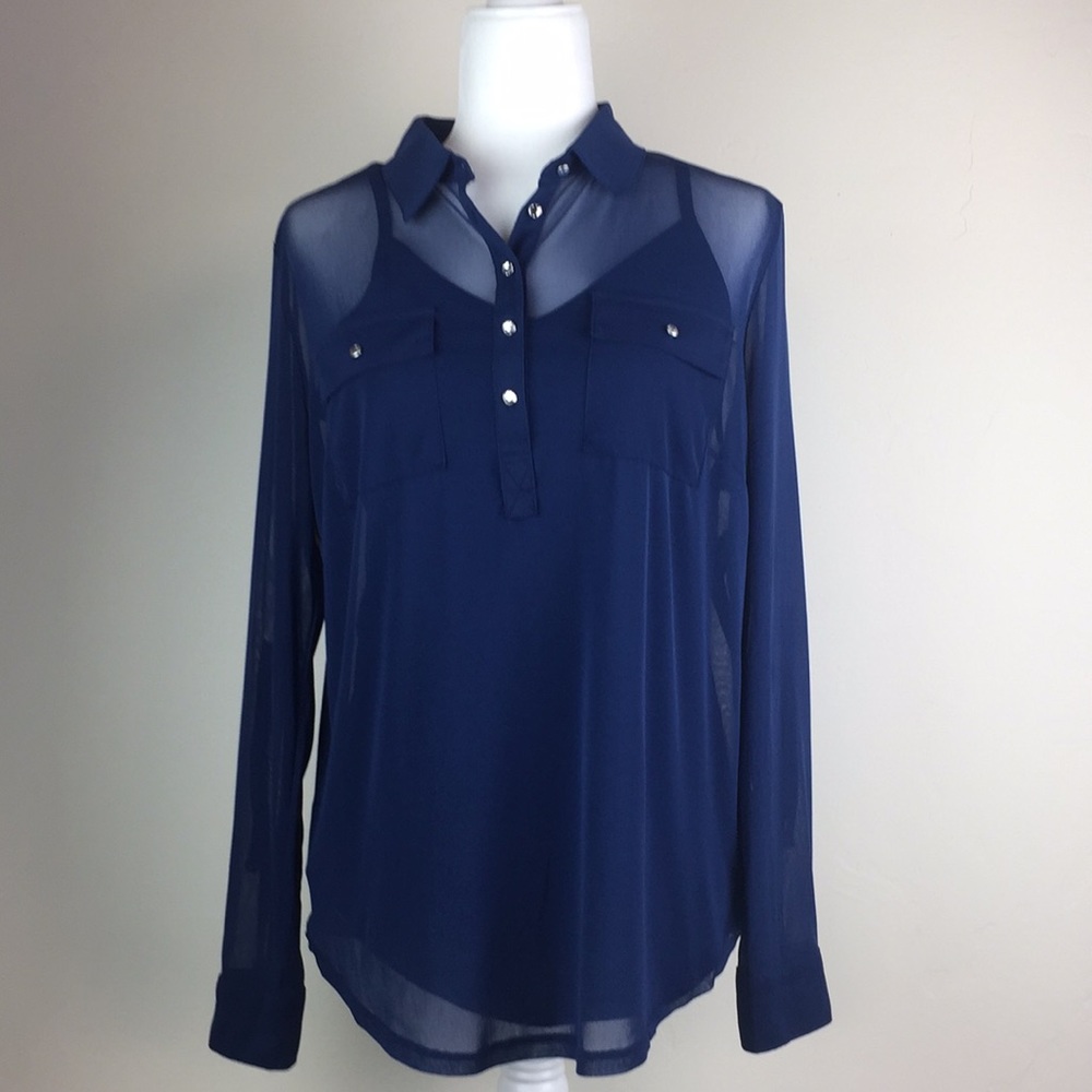 INC royal blue chiffon blouse with crystal buttons